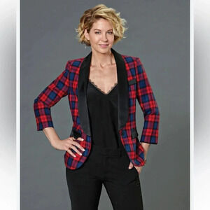 EUC Smythe Red Blue Black Plaid 3/4 Sleeve Blazer Satin Lapel Size 6